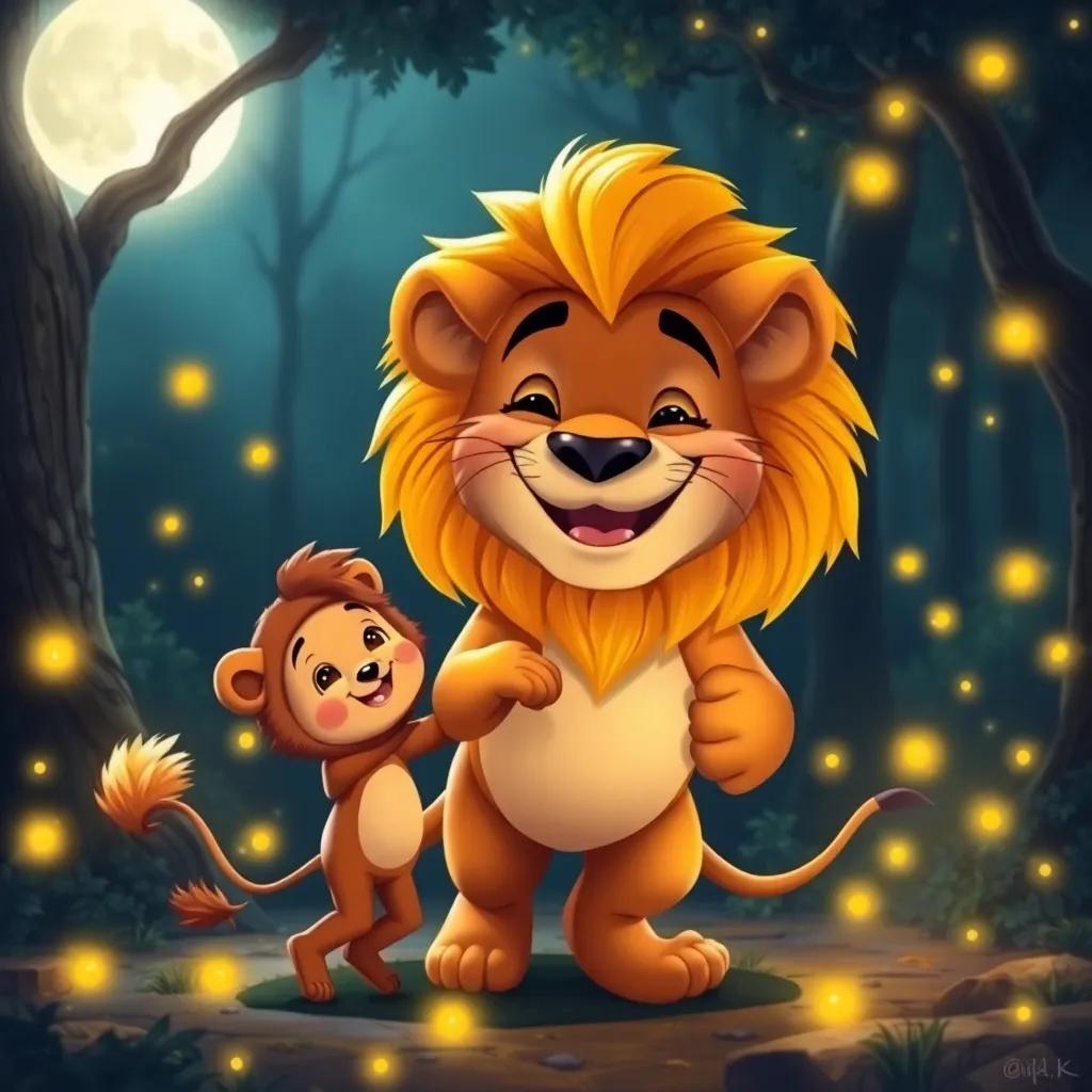 A big, friendly lion with a golden mane and a kind smile, dancing joyfully with a little boy in a lion cub costume under the moonlight, surrounded by glowing fireflies, rich forest background, digital painting, cheerful, whimsical theme, enchanting scene, high quality