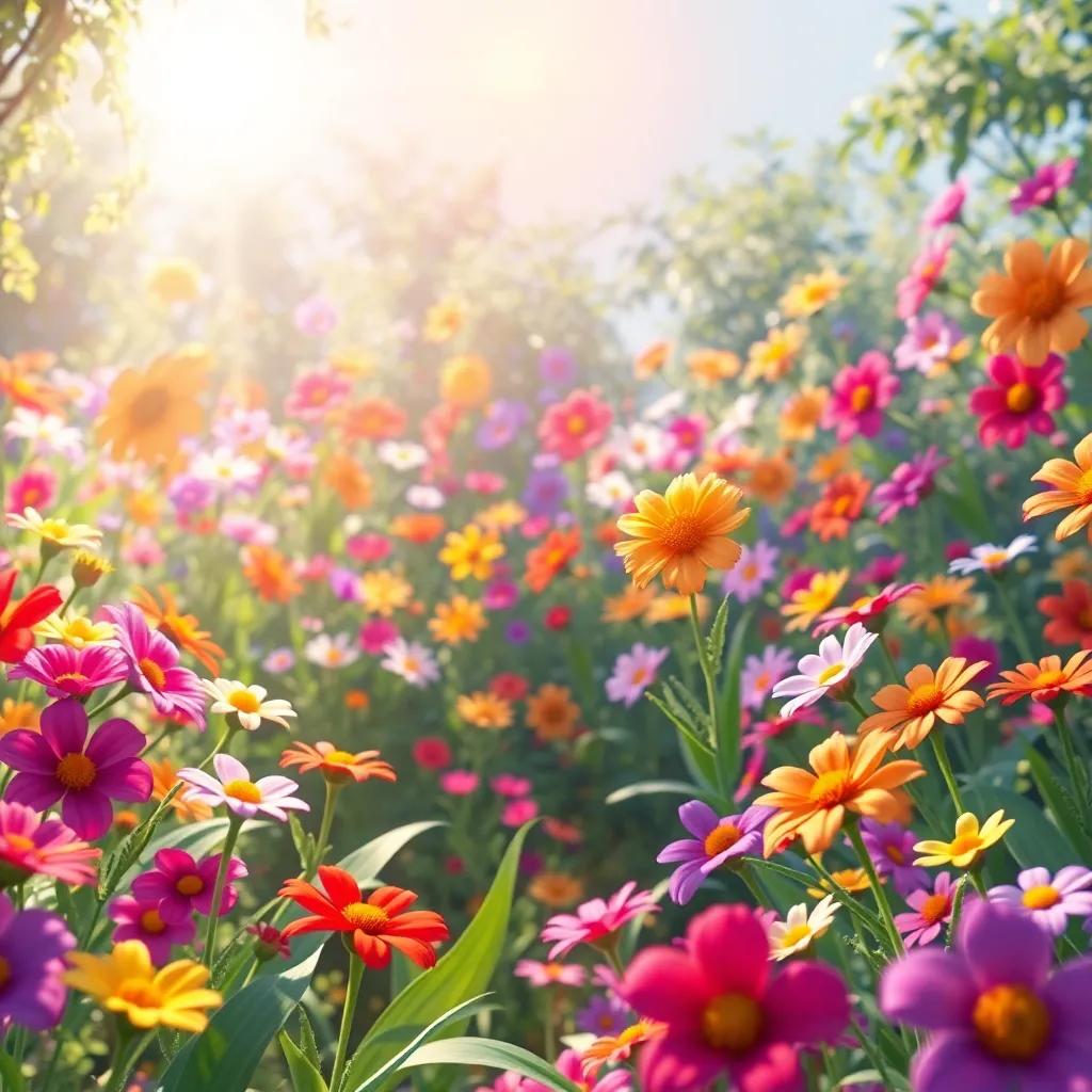 A magical garden filled with colorful flowers dancing under the sun, vibrant colors, soft light, cheerful, whimsical atmosphere, high quality