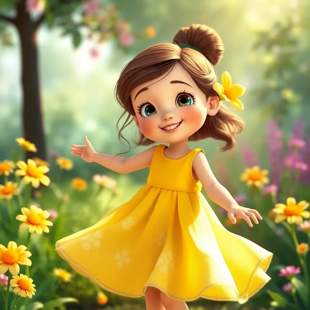 A young girl named Lily, about 6 years old, wearing a yellow dress, twirling in the garden, surrounded by singing flowers, bright and joyful, detailed digital art