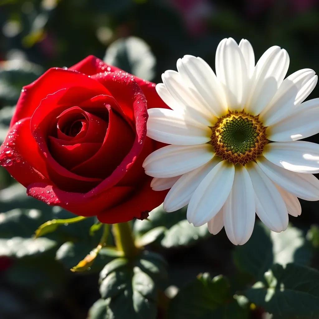A close-up of a red rose named Rosie with sparkling dew, alongside a cheerful white flower named Daisy, dark green leaves, bright sunshine, inviting colors, high quality