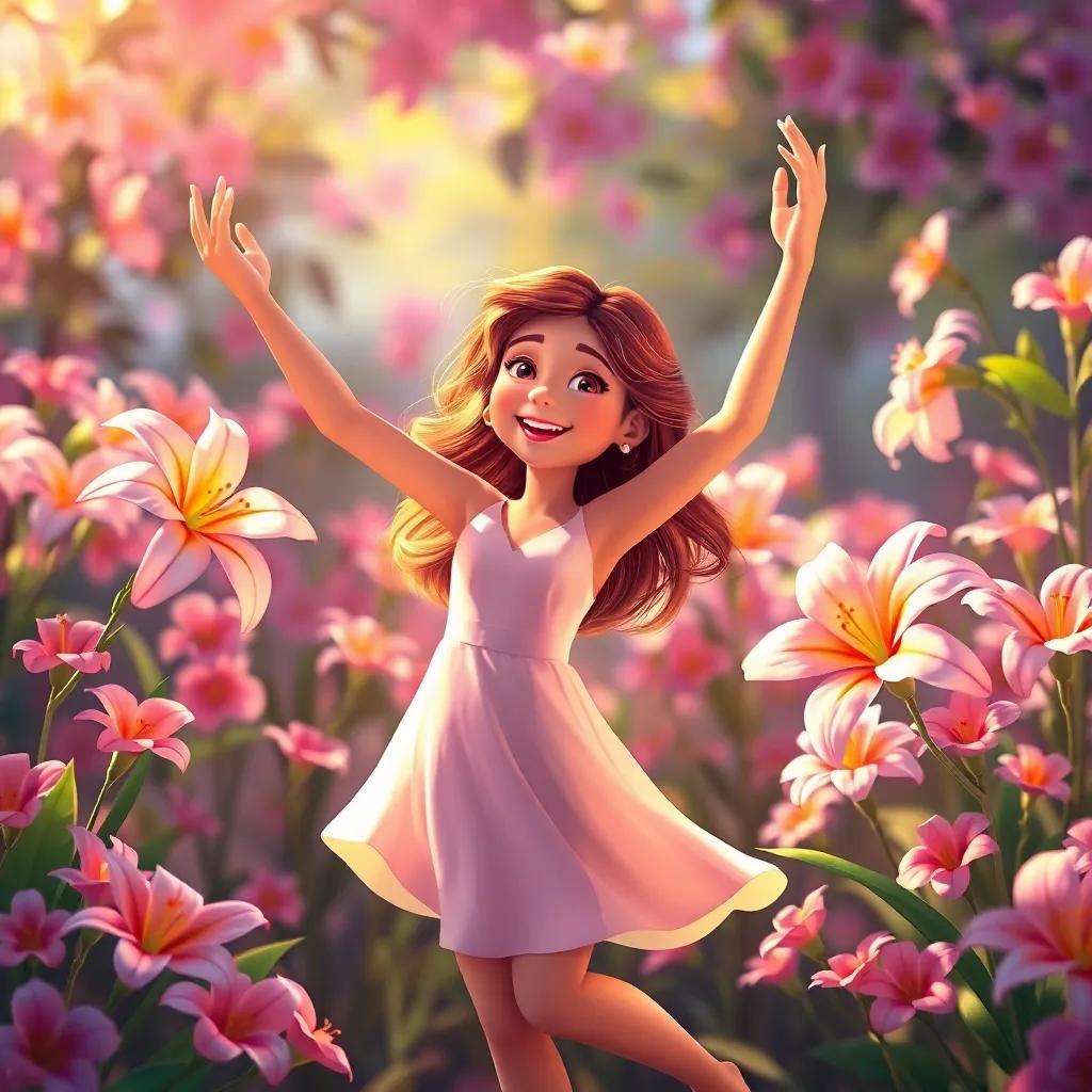 Lily dancing with flowers, her arms lifted, the flowers clapping petals, vibrant colors, joyful scene, warm and cheerful atmosphere, high quality
