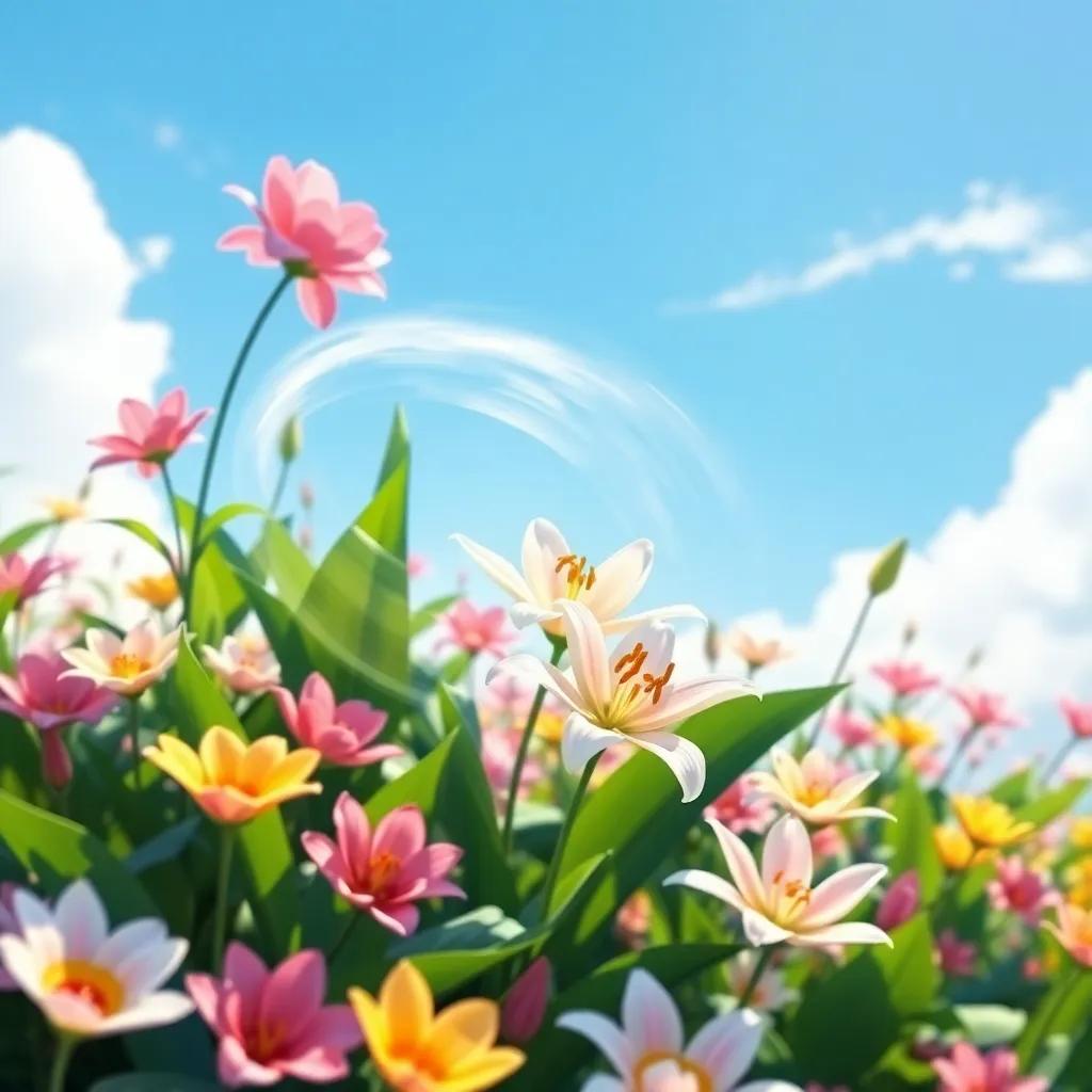 A gentle breeze swirling around the flowers and Lily, creating a beautiful dance, bright blue sky, soft clouds, lively movement, colorful scene, high quality