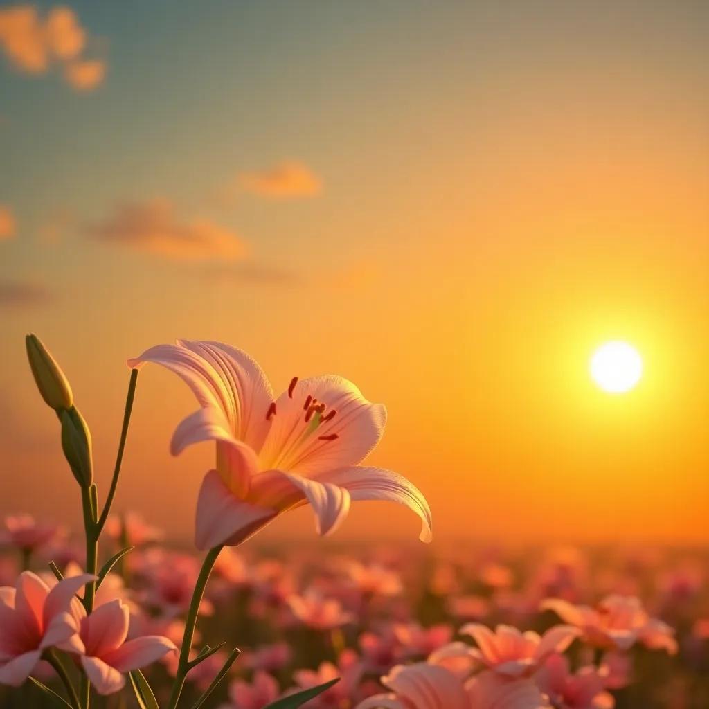 Lily waving goodbye to the flowers at sunset, golden hue in the sky, flowers settling down, warm and nostalgic ambiance, high quality