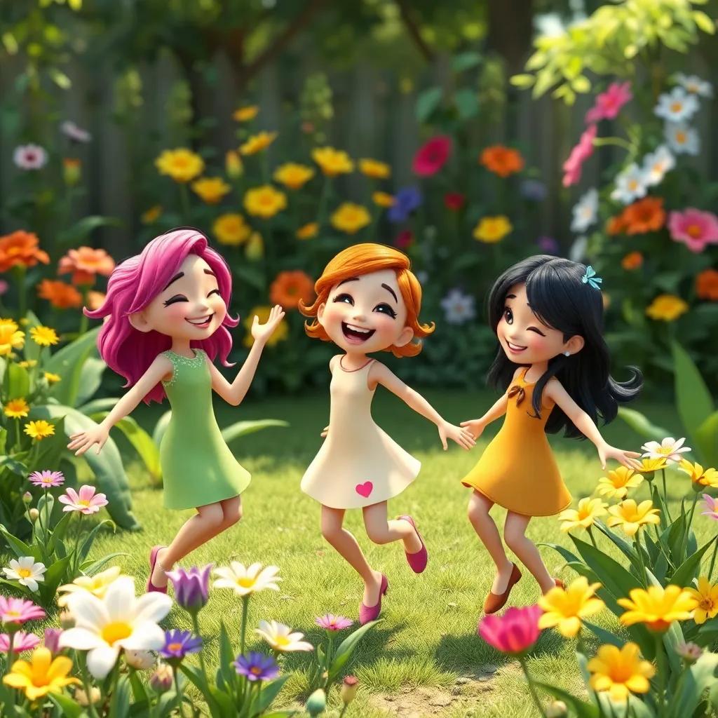 Lily and her friends giggling and dancing in the garden, cheerful atmosphere, flowers welcoming them, vibrant colors, high quality