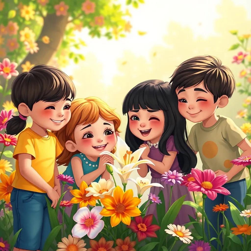 A group of children and Lily forming a strong bond, with colorful flowers surrounding them, warm and friendly atmosphere, detailed art, high quality
