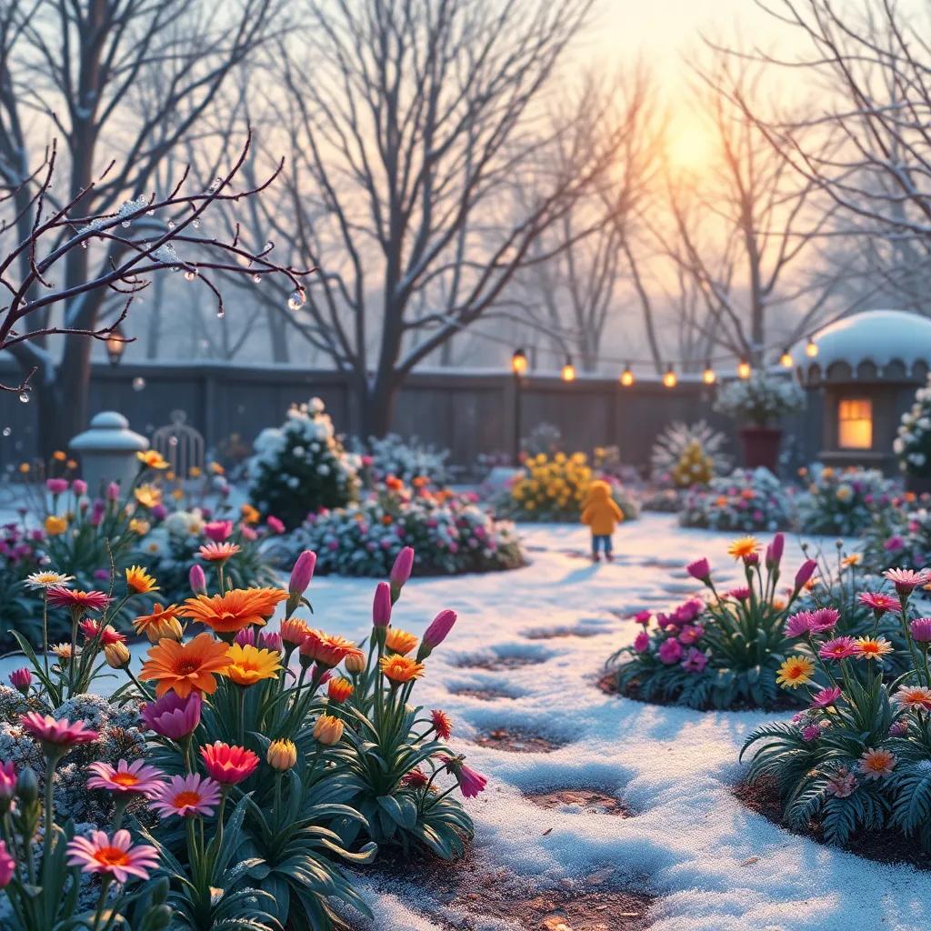 The garden in winter, flowers asleep but the memories of dancing remain, a cozy and warm feeling, showing friendship through the seasons, high quality