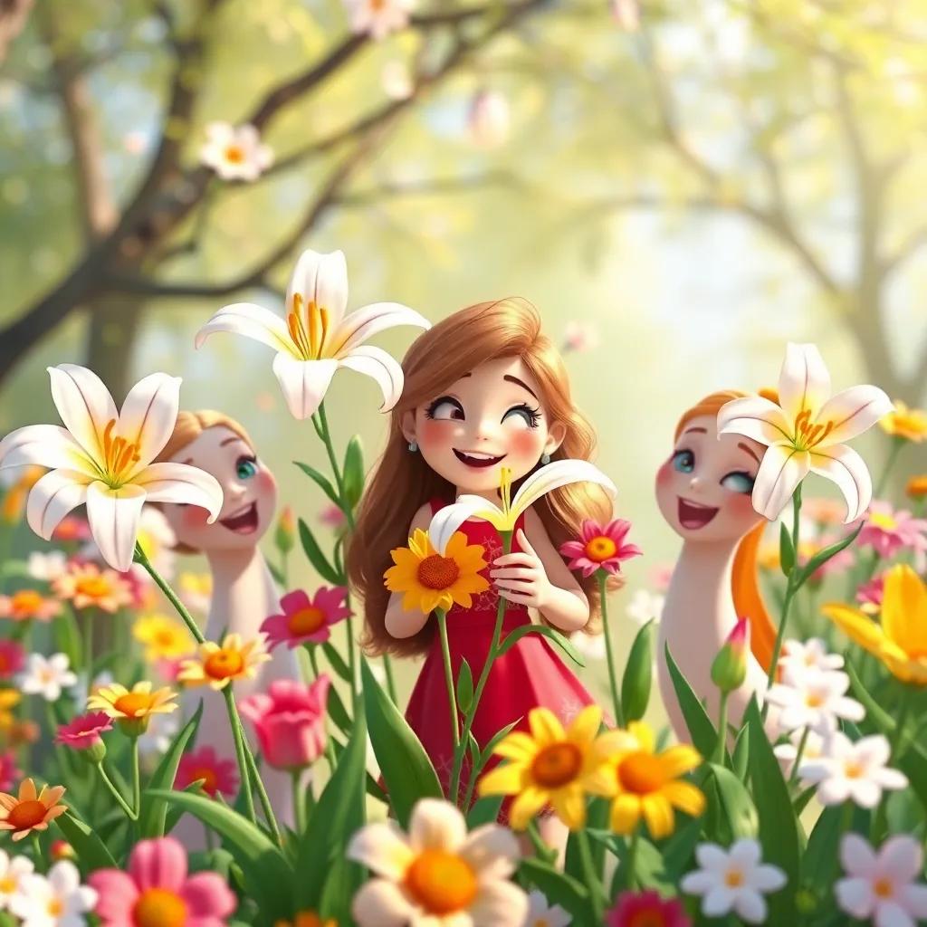 Lily and her friends celebrating with flowers in spring, cheerful scene, vibrant atmosphere, symbolic connection between blossoms and friendship, high quality