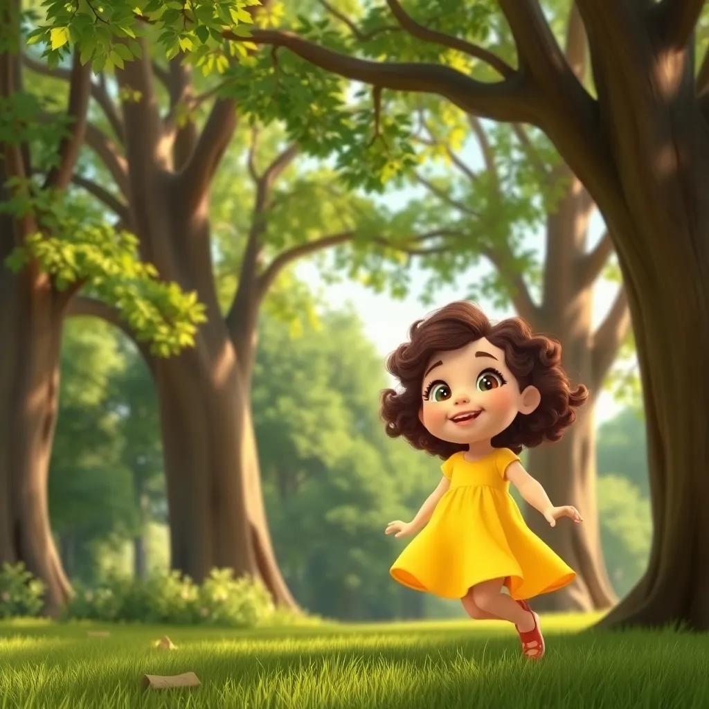 A little girl, Ella, with curly brown hair, wearing a bright yellow dress, playing under big tall trees with green leaves swaying in the breeze, cheerful atmosphere, bright colors, summer day, digital art, warm light, inviting scene, high quality