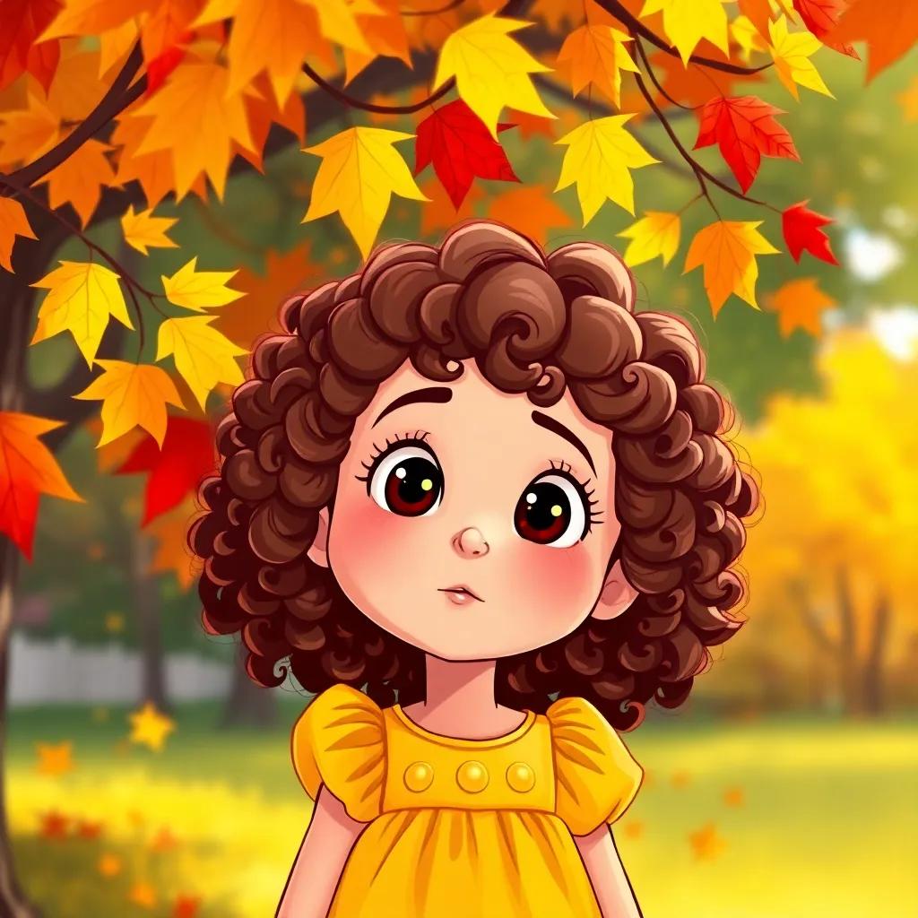 Ella, a little girl with curly brown hair in a yellow dress, looking at colorful leaves turning gold and red on a tree, curious expression, autumn setting, soft sunlight, children-friendly, warm colors, nature-inspired illustration, high quality