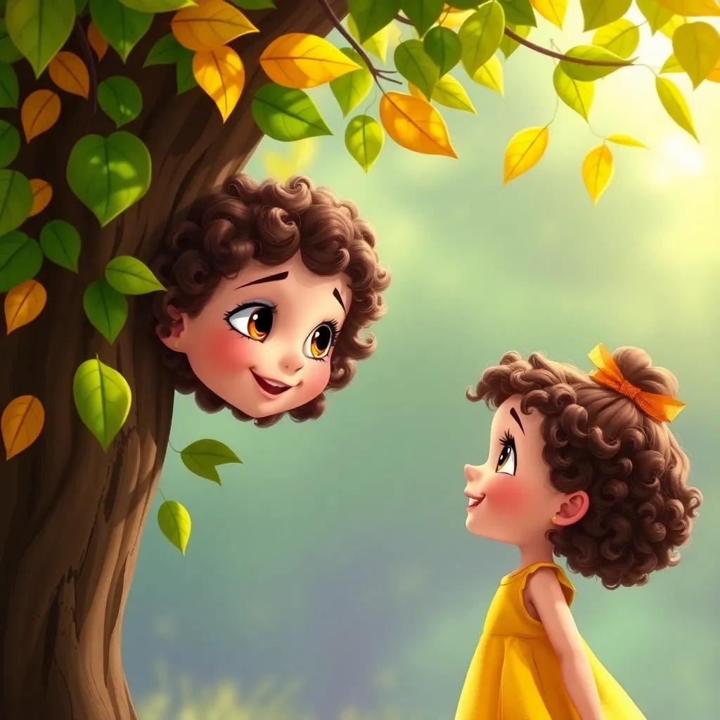 Ella, a little girl with curly brown hair in a yellow dress, talking to the leaves on the tree, leaves rustling in the breeze, friendly atmosphere, detailed, vibrant colors, joyful expression, high quality