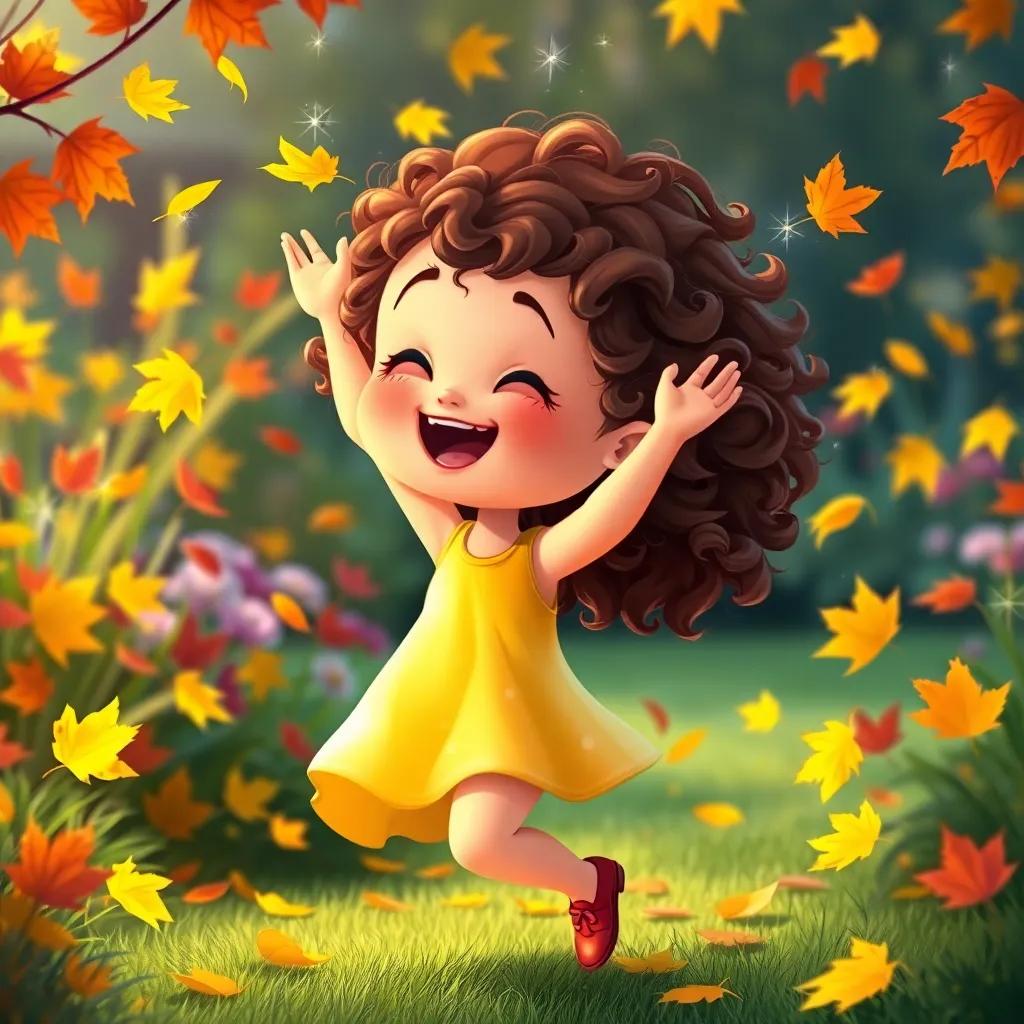 Ella, a little girl with curly brown hair in a yellow dress, dancing with colorful leaves around her in her garden, excitement and joy, autumn scene, sparkling colors, digital illustration, cheerful, high quality