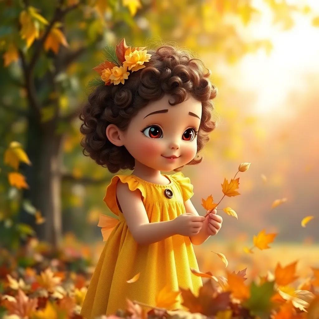 Ella, a little girl with curly brown hair in a yellow dress, collecting fallen leaves to make a collage, artistry in nature, vibrant colors, sunny atmosphere, heartwarming moment, high quality