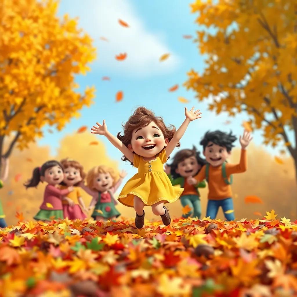 Ella, a little girl with curly brown hair in a yellow dress, joyfully jumping into a pile of colorful leaves with friends, laughter and excitement, fun autumn day, bright colors, friendly scene, high quality