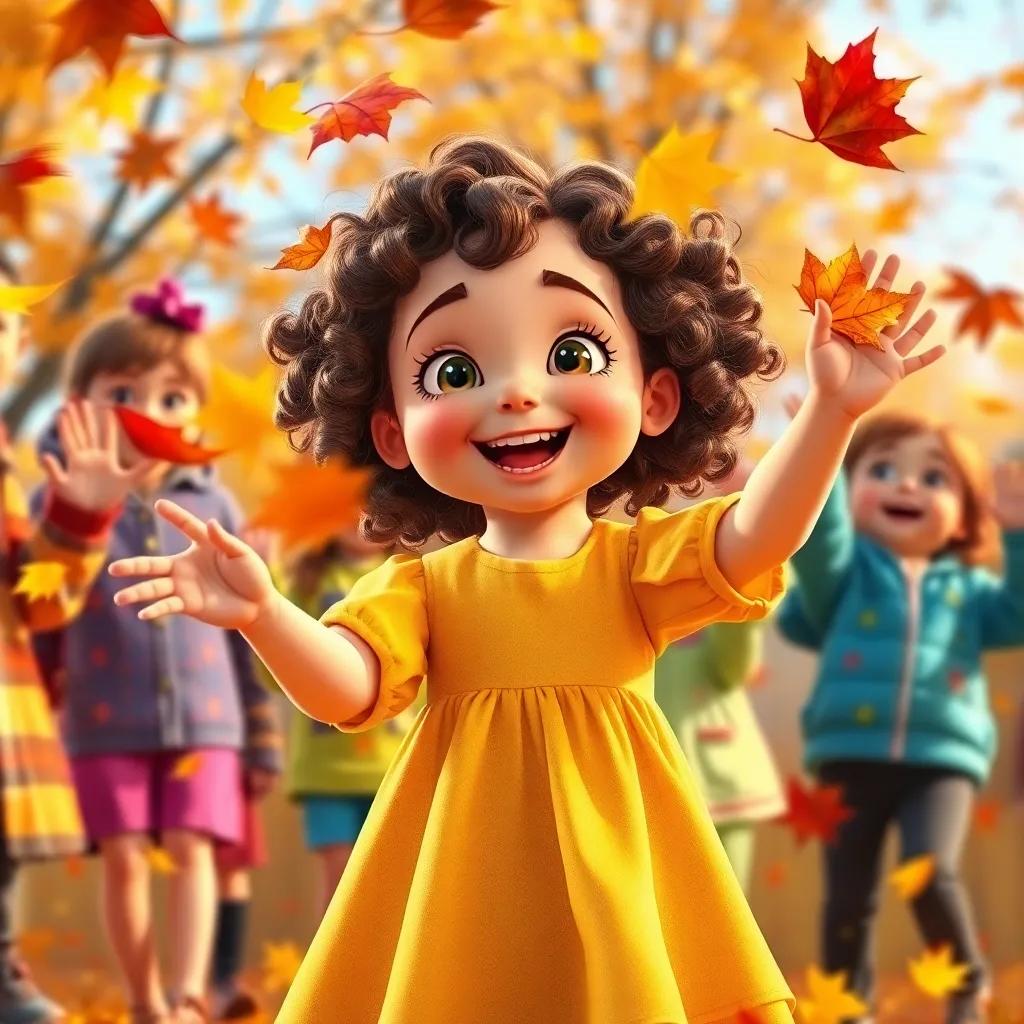 Ella, a little girl with curly brown hair in a yellow dress, surrounded by friends, throwing colorful leaves in the air, capturing joy, playful mood, autumn setting, vivid colors, digital art, bright and cheerful, high quality