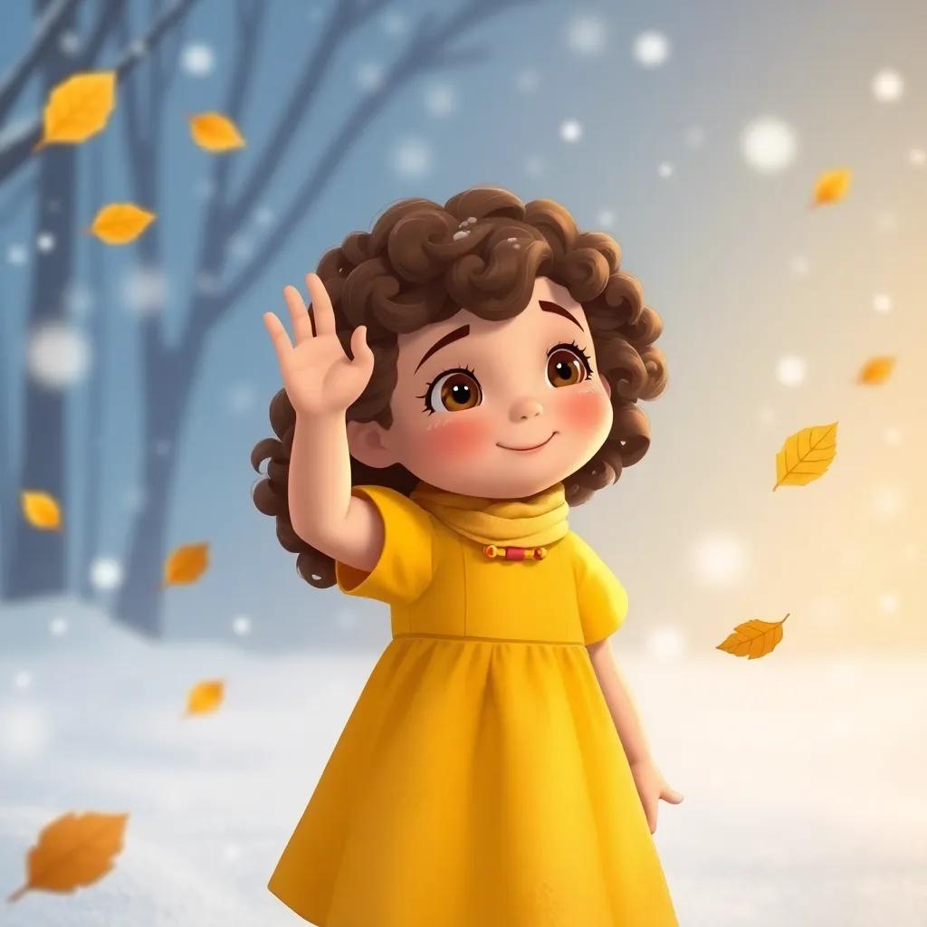 Ella, a little girl with curly brown hair in a yellow dress, waving goodbye to her leaf friends as snow falls gently around her, magical winter scene, calm atmosphere, soft colors, feeling of nostalgia, high quality