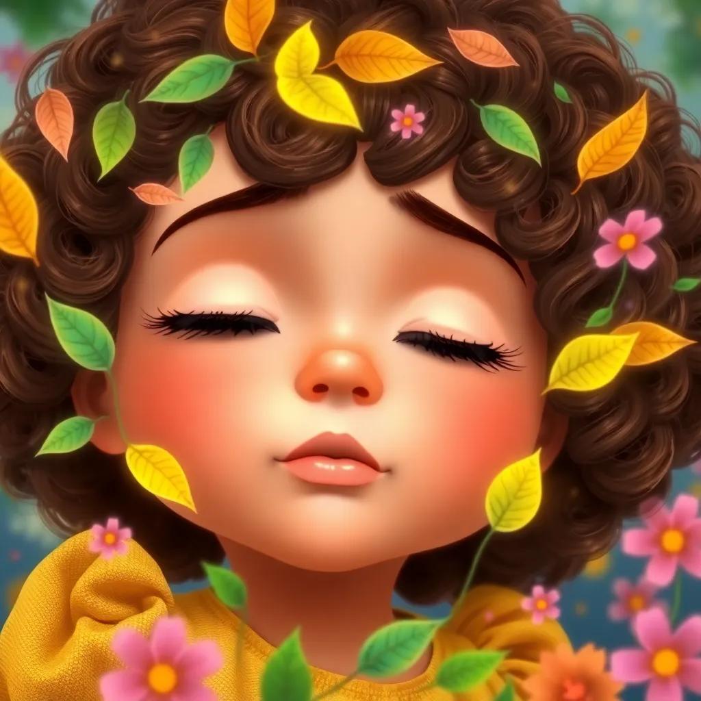 A close-up of Ella, a little girl with curly brown hair in a yellow dress, dreaming with her eyes closed, an imaginary scene of dancing leaves and flowers around her, dreamy and colorful, imaginative and whimsical, high quality
