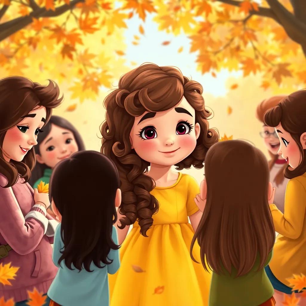 Ella, a little girl with curly brown hair in a yellow dress, surrounded by her friends in a circle, each holding a leaf, sharing stories, lively autumn afternoon, bright and vibrant, friendship theme, high quality