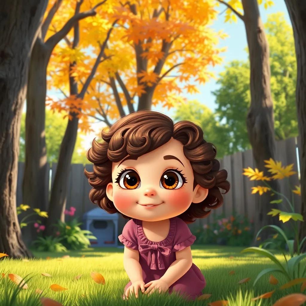 A little girl, Ella, with big bright eyes and curly brown hair, playing in her backyard surrounded by tall trees with colorful leaves, sunny day, cheerful atmosphere, digital art, vibrant colors, engaging view, high quality