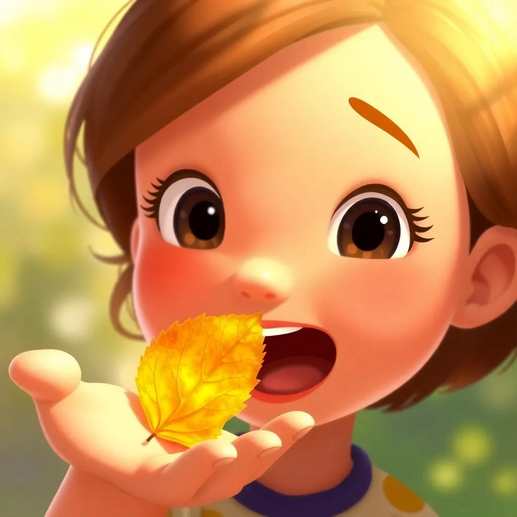 A close-up of Ella with a yellow-orange leaf gently landing in her hand, surprised and delighted expression, soft sunlight shining on her face, warm and inviting light, child-friendly illustration, bright colors, heartwarming