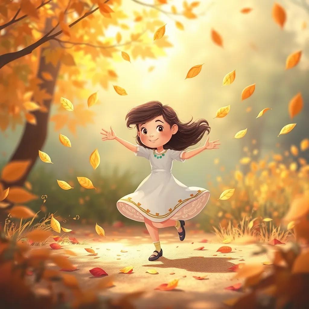A whimsical scene of Ella spinning and dancing with the leaves around her, leaves twirling in the wind, light and playful mood, children's book illustration, warm colors, dynamic perspective, magical atmosphere