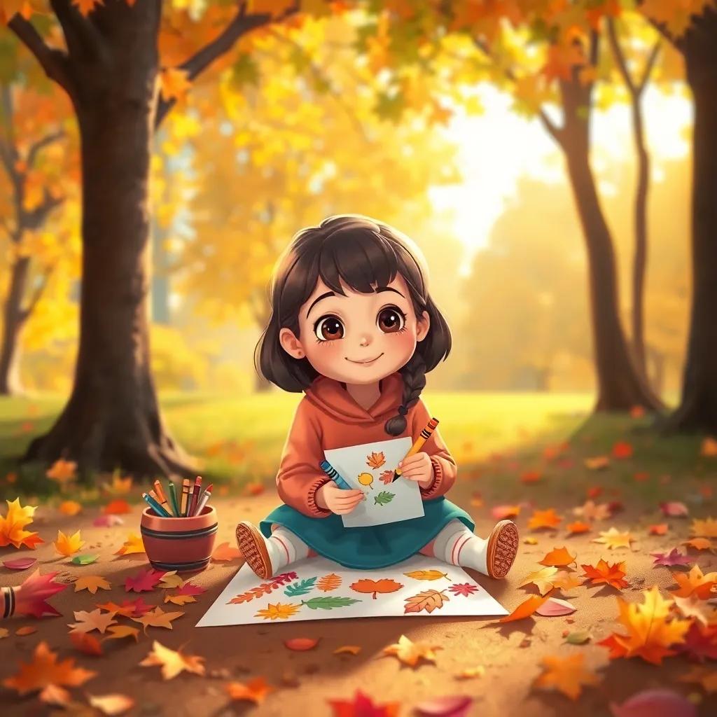 Ella sitting on the ground under the trees, drawing colorful pictures of leaves with crayons, surrounded by fallen leaves, cozy autumn afternoon light, child-friendly, lively and bright, heartwarming scene