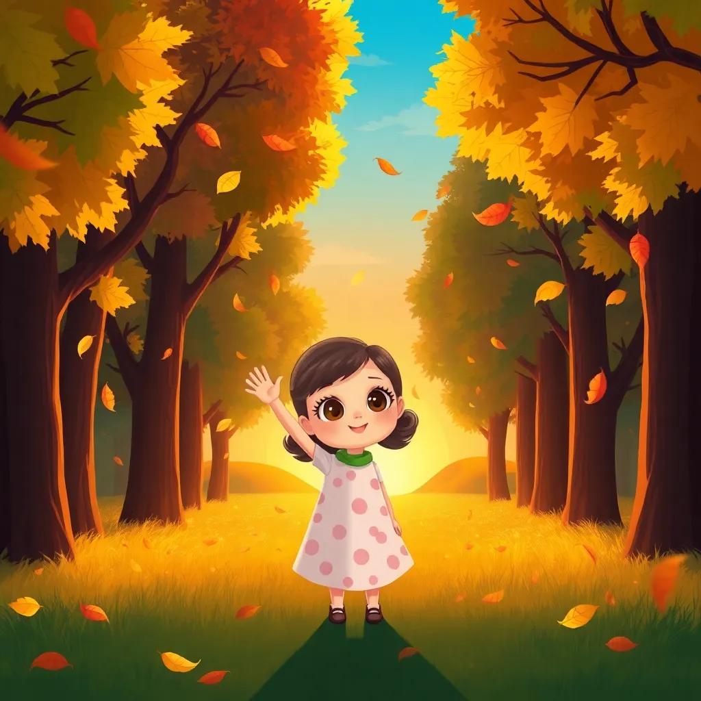Ella waving goodbye under the trees as the last leaves gently fall, a mix of vibrant colors, sunset in the background with warm, glowing light, peaceful and happy moment, child-friendly illustration, bright and inviting