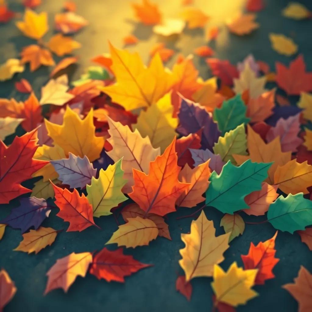 A collection of colorful autumn leaves on the ground, blending together, a perfect representation of change, beautiful and vibrant, soft golden light, detailed illustration, child-friendly art style, heartwarming
