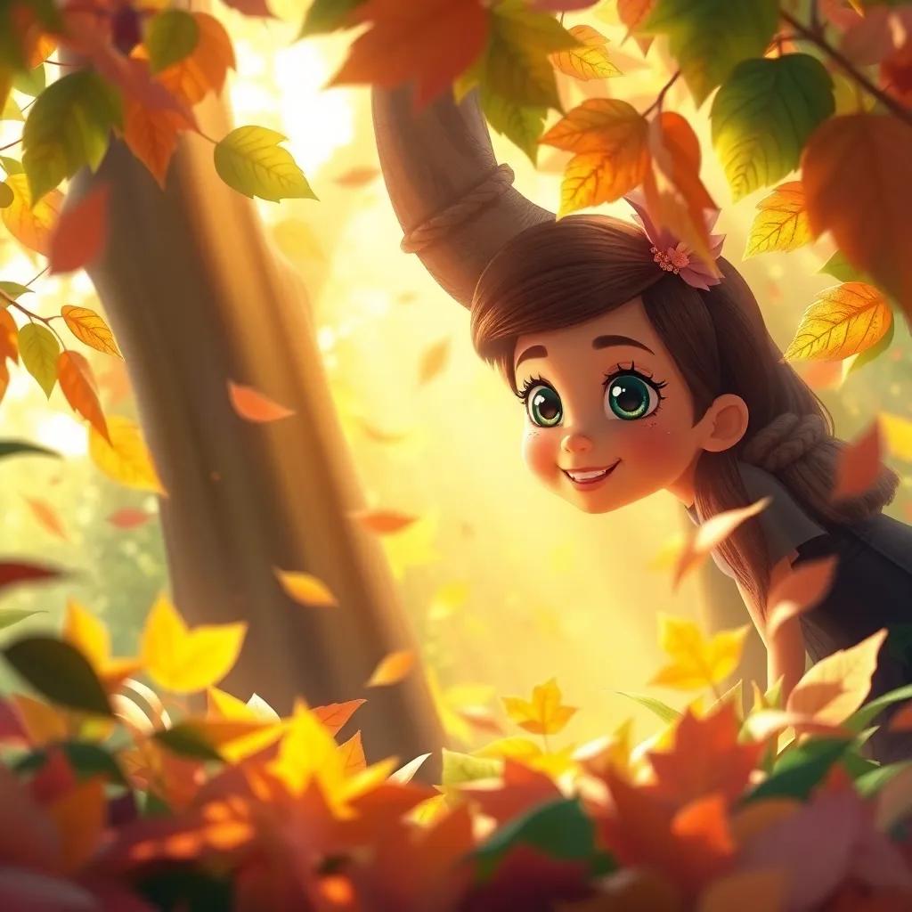 A magical view of Ella surrounded by dancing leaves, golden sunlight pouring in, creating a dreamy environment, nature at its best, cheerful and playful atmosphere, colorful and engaging, bright and vivid