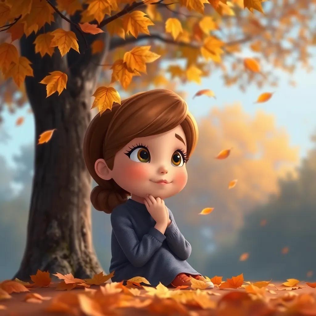 A tender moment of Ella under the trees, reflecting on change with a thoughtful expression, autumn leaves gently falling around her, peaceful environment, warm colors and soft light, heartwarming and nostalgic scene