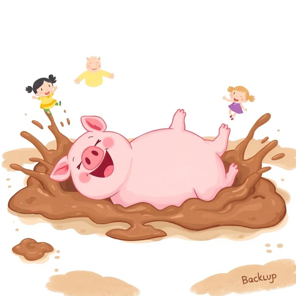 A joyful pig named Percy, rolling in soft, muddy ground with splashes of mud all around, the family looking shocked, playful and fun scene, illustration, colorful, inviting atmosphere, high quality