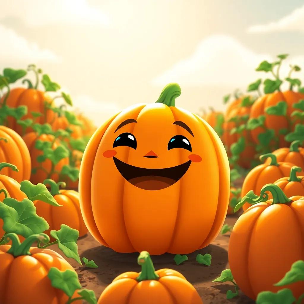 A bright orange pumpkin named Charlie with a big smile, sitting in a pumpkin patch on a sunny day, surrounded by green vines and other pumpkins, illustration, cheerful, cartoon style, vibrant colors, high quality