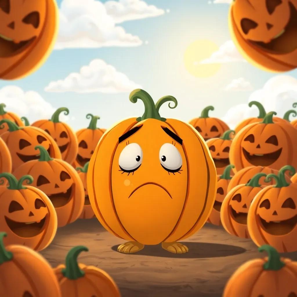 Charlie the pumpkin looking shy with a worried expression, standing in a circle of laughing pumpkins, with a sunny sky in the background, colorful illustration, child-friendly, warm atmosphere, high quality