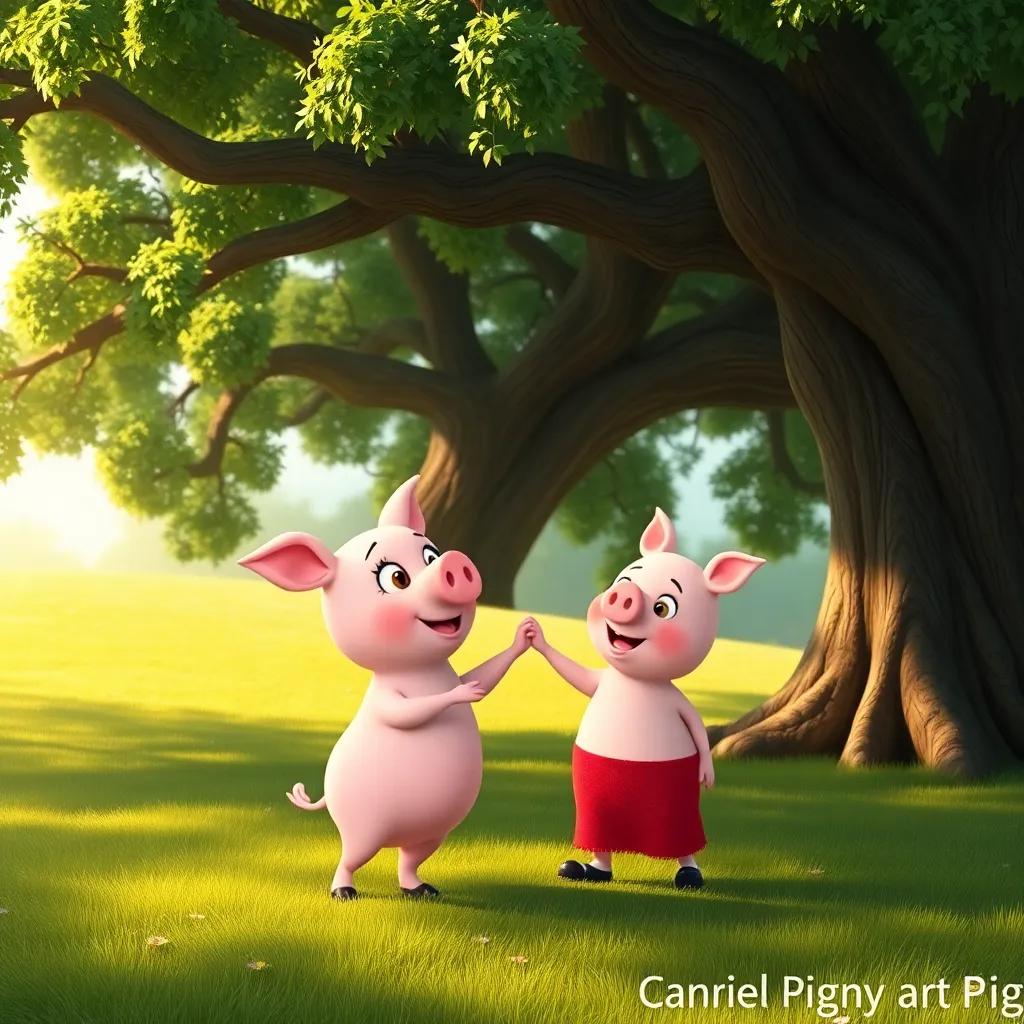 Penny the Pig, a cute pink pig with curly tails and big eyes, encouraging Charlie to dance under an oak tree, grass beneath them, warm sunlight, playful style, detailed, inviting colors, high quality