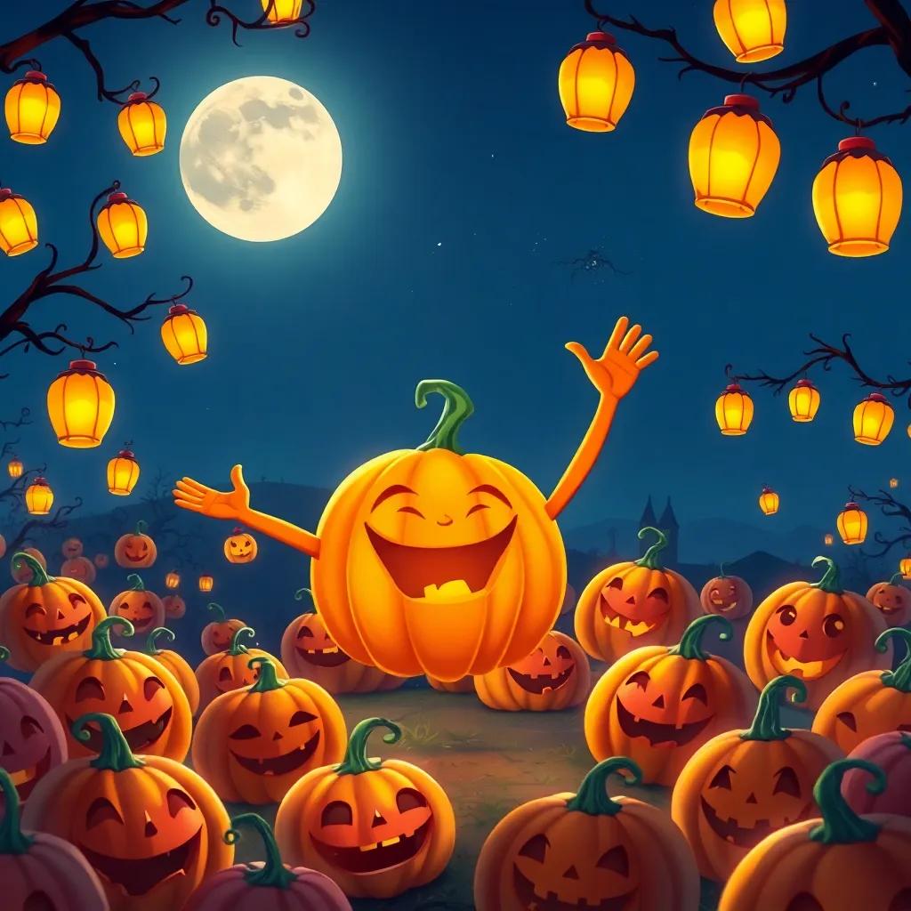 Charlie the pumpkin spinning joyfully surrounded by dancing pumpkins under a full moon, glowing lanterns lighting up the scene, happy expressions, magical illustration, bright and vibrant colors, high quality