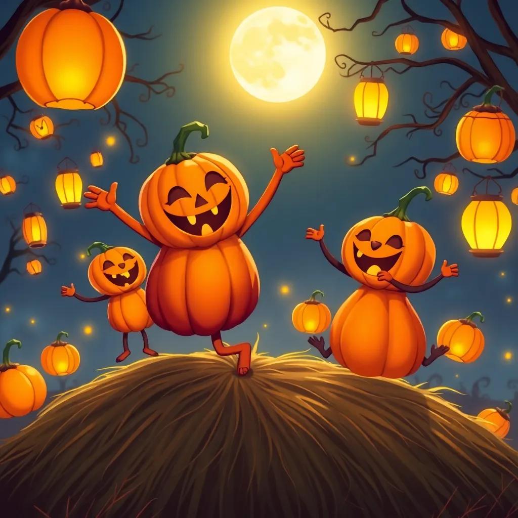 Charlie the dancing pumpkin holding hands with other pumpkins, joyfully twirling around on a haystack, surrounded by laughter, warm light from lanterns and a glowing moon, vibrant colors, cheerful and fun illustration, high quality