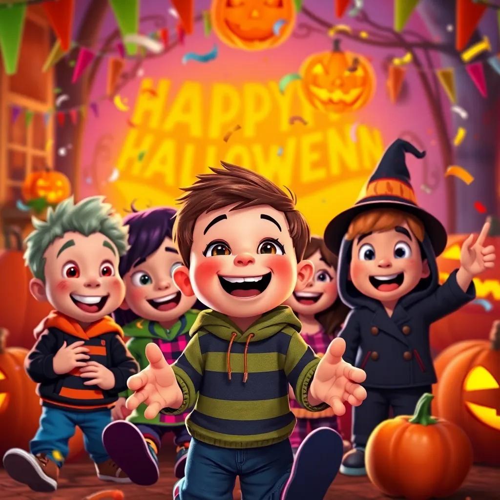 Charlie and his friends celebrating Halloween night, with colorful decorations, happy expressions, confetti in the air, pumpkins glowing in the background, lively celebration scene, playful style, bright colors, high quality