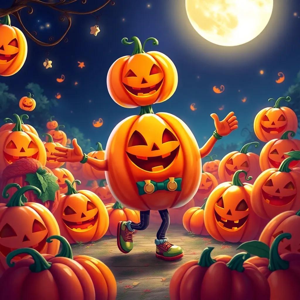 Charlie, the proud dancing pumpkin, surrounded by smiling pumpkins, dancing to music under the moonlight, colorful atmosphere filled with joy, wonderful heartwarming illustration, vibrant colors, high quality