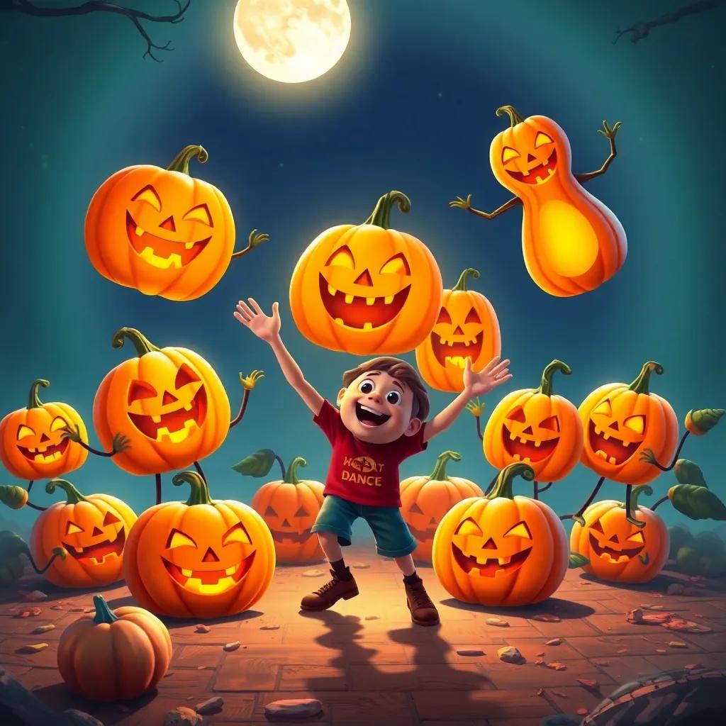 A happy scene of pumpkins shaped like different dance moves, illuminated by the full moon, with Charlie leading the group in joyful dance, magical and enchanting atmosphere, beautiful children-friendly illustration, bright and vibrant colors, high quality