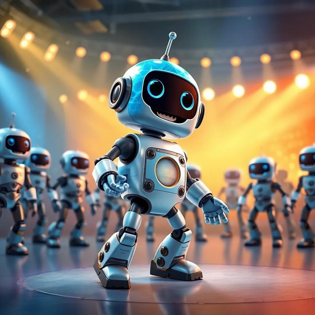 A robot named Zippy with shiny blue paint spinning happily, surrounded by other robots, bright stage with sparkling lights, digital art, fun and energetic, high quality