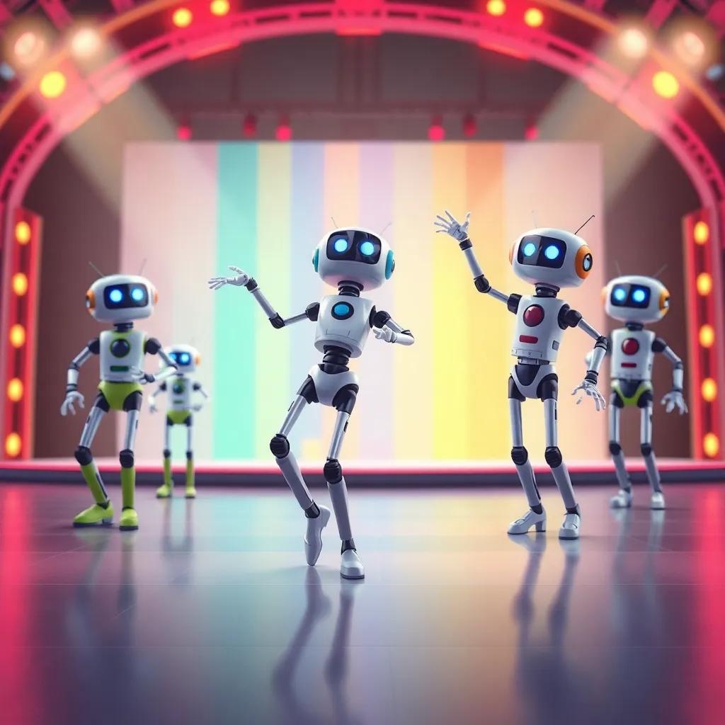 Robots lined up on a big stage, showcasing their unique dance styles, Twirly in ballet pose, Bouncer jumping high, colorful background, digital art, lively and engaging, high quality