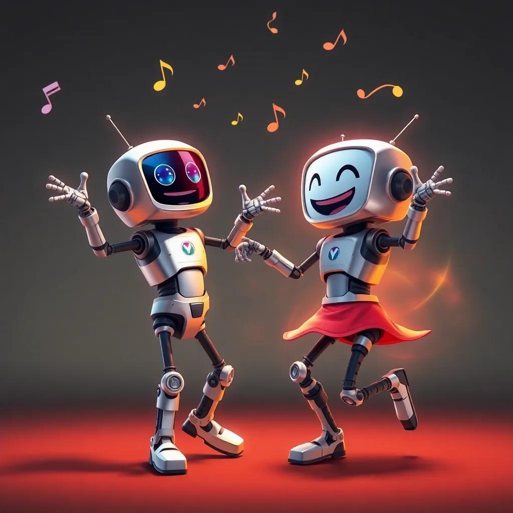Robots dancing joyfully with Zippy spinning and twirling, laughter and joy visible on their faces, music notes in the air, digital art, dynamic and colorful, high quality