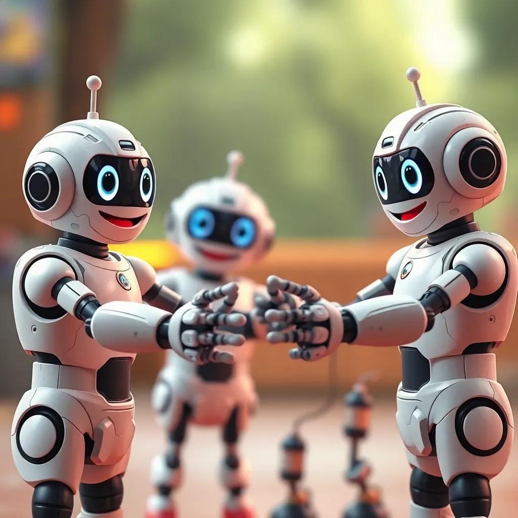 Zippy smiling and suggesting to dance together, robots forming a circle holding hands, excitement and determination in their eyes, digital art, lively and inspiring, high quality