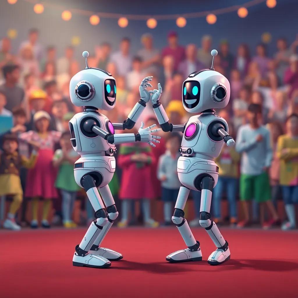 Robots performing a joyful dance together, using their skills in harmony, background filled with cheering audience, vibrant colors, digital art, festive and cheerful, high quality