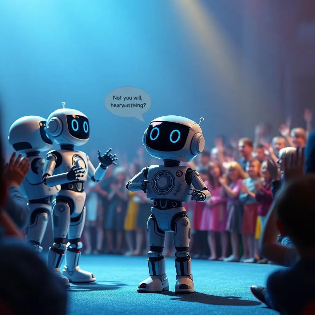 Robots taking a bow at the end of their performance, crowd clapping and cheering, Zippy saying a heartwarming message, digital art, triumphant and joyous, high quality