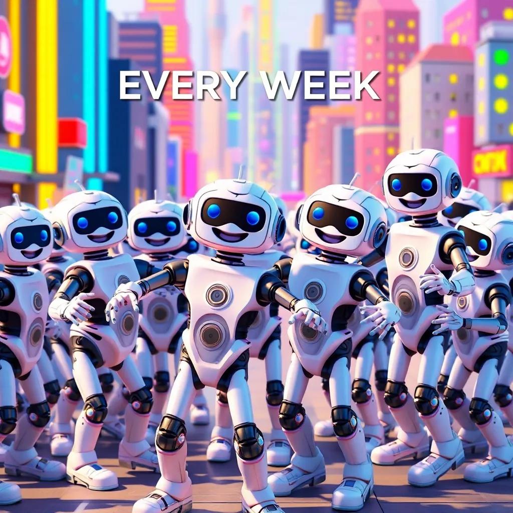 A cheerful gathering of robots dancing together every week, showcasing friendship and teamwork, smiles all around, colorful city in the background, digital art, bright and happy, high quality