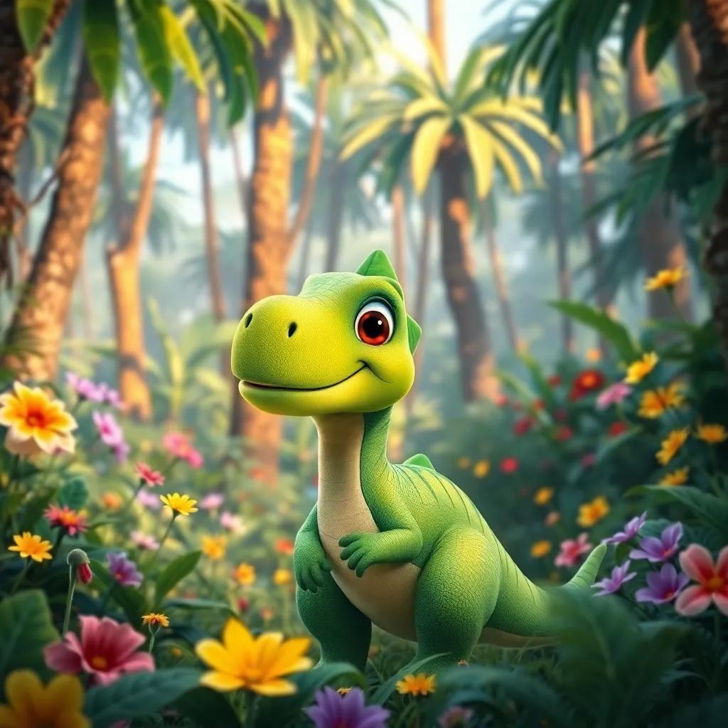 A small dinosaur named Dilan, with bright green scales, smiling cheerfully, in a lush jungle filled with tall trees and colorful flowers, digital art, vibrant colors, cheerful atmosphere, high quality