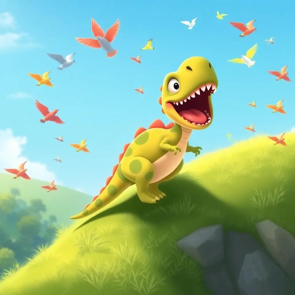 Dilan the dinosaur, happily climbing a hill, surrounded by colorful flying birds, with a bright blue sky overhead, illustration, joyful, playful, child-friendly