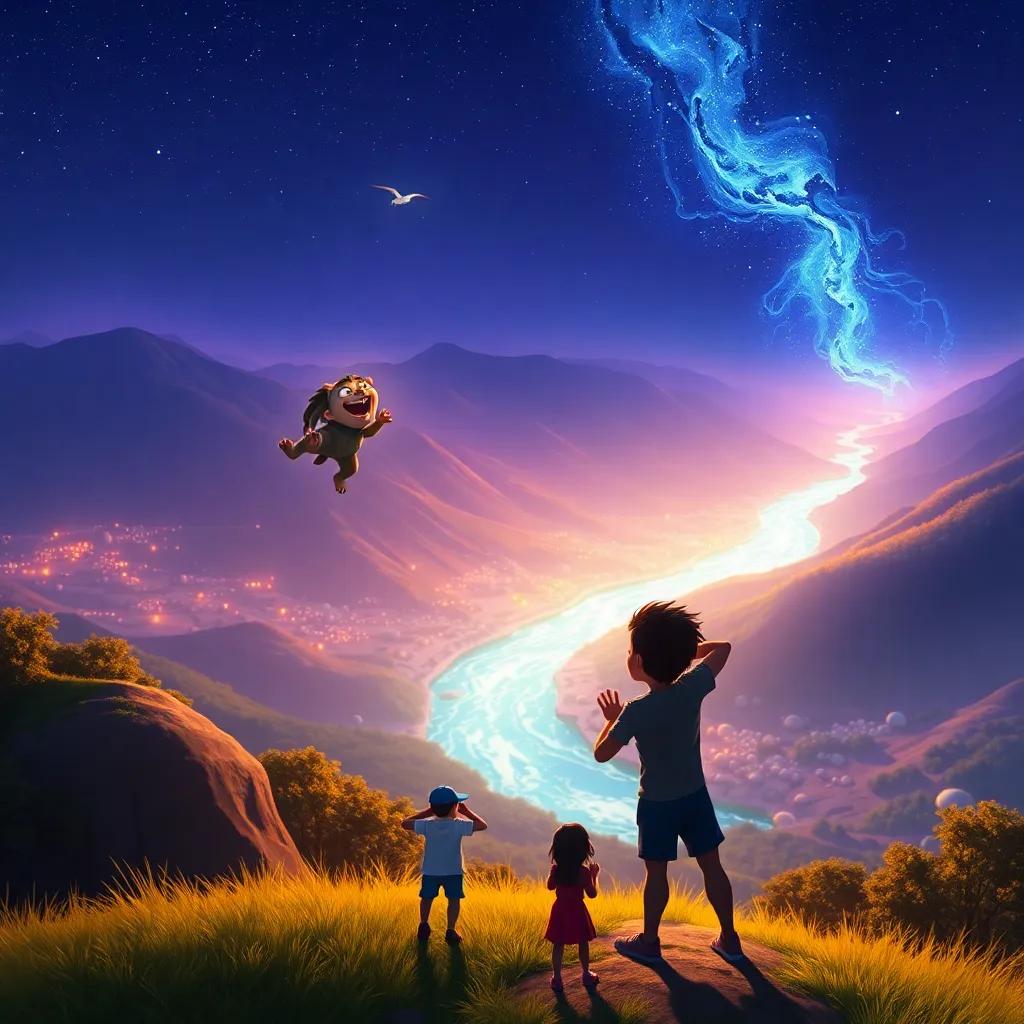 Dilan standing at the top of a hill, roaring joyfully, looking over a sparkling river and wide valley, with his friends cheering at the bottom, glowing colors, bright light, illustrating adventure