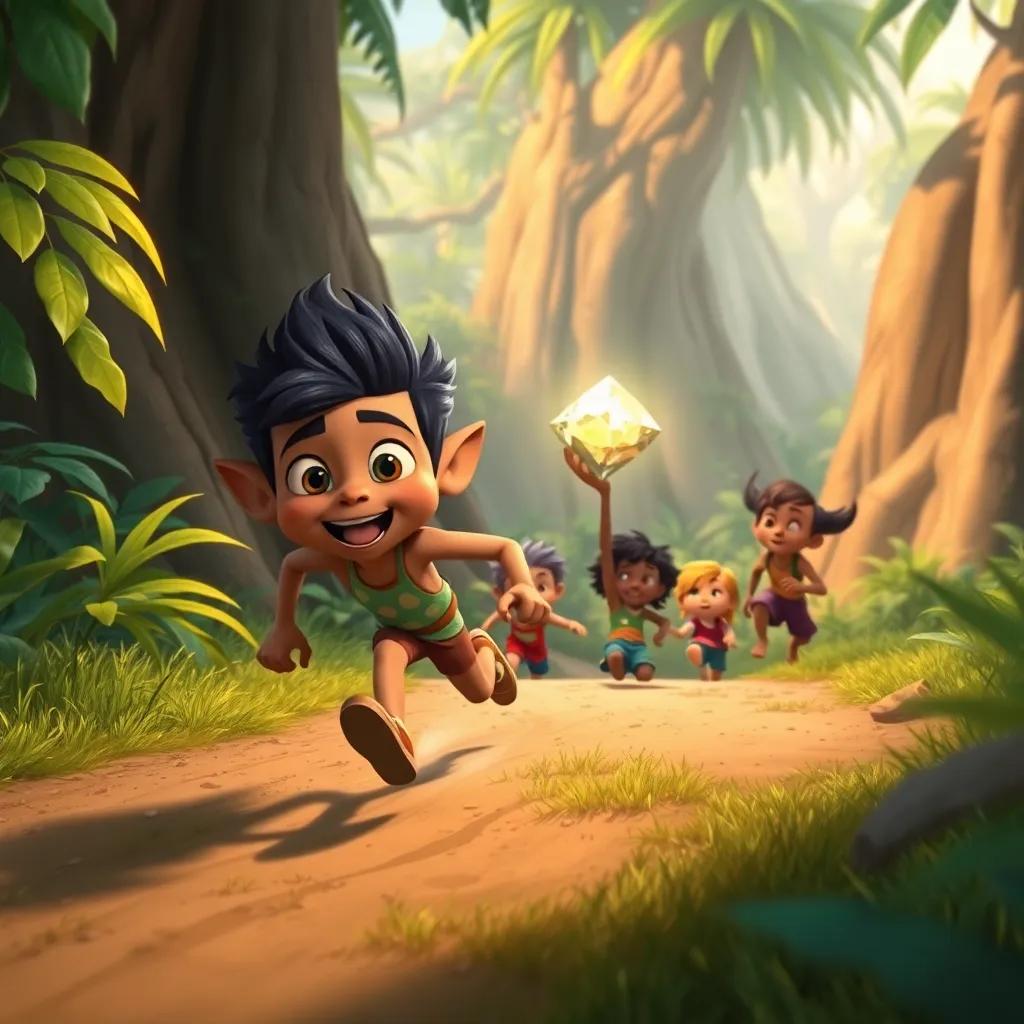 Dilan rushing down the hill toward his friends, who are holding up a shiny magical stone, in a lively jungle setting, exciting, colorful, child-friendly