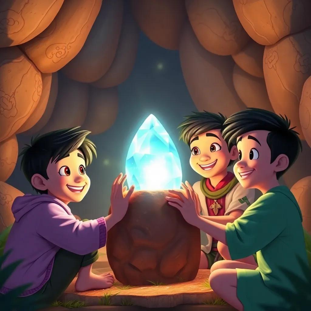 Dilan and his friends gathering around the magical stone, its shining brilliance lighting up their faces, in a cheerful atmosphere filled with excitement, richly colorful, inviting imagery